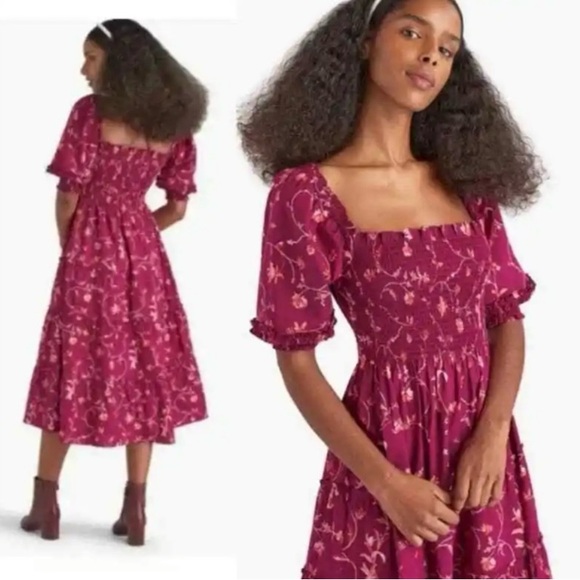 HILL HOUSE HOME Nesli Nap Midi Dress Burgundy Botanical Poplin Medium - Picture 2 of 3